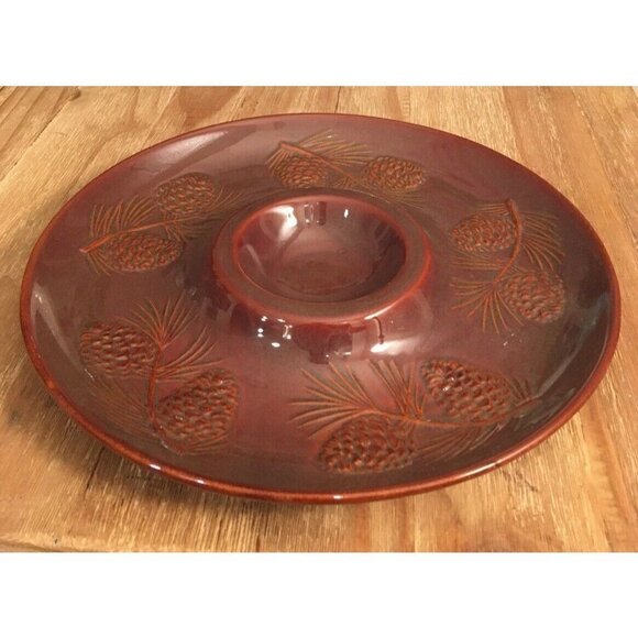 Big Sky Carvers Fusion PInecone Vegetable Chip Dip Tray Platter Brown Stoneware - Picture 2 of 5